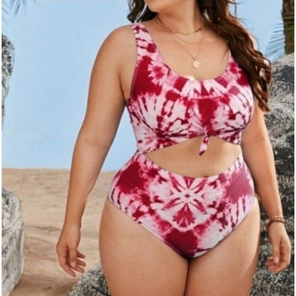 Plus Size Tie Dye Cut Out Knot Front One Piece Swimsuit sz 0X
